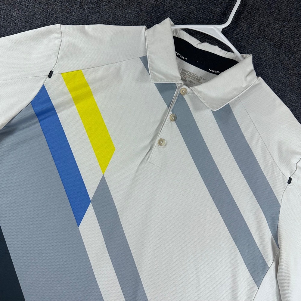 Nike Polo Shirt Mens XL Extra Large White Blue Yellow Geometric Striped Dri Fit
